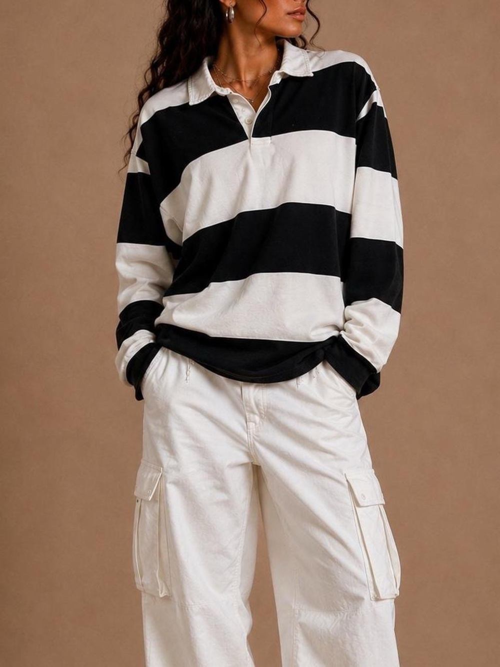 ZARA NWT Black White Striped Rugby Shirt Collared Long Sleeve Size Medium - Picture 2 of 6